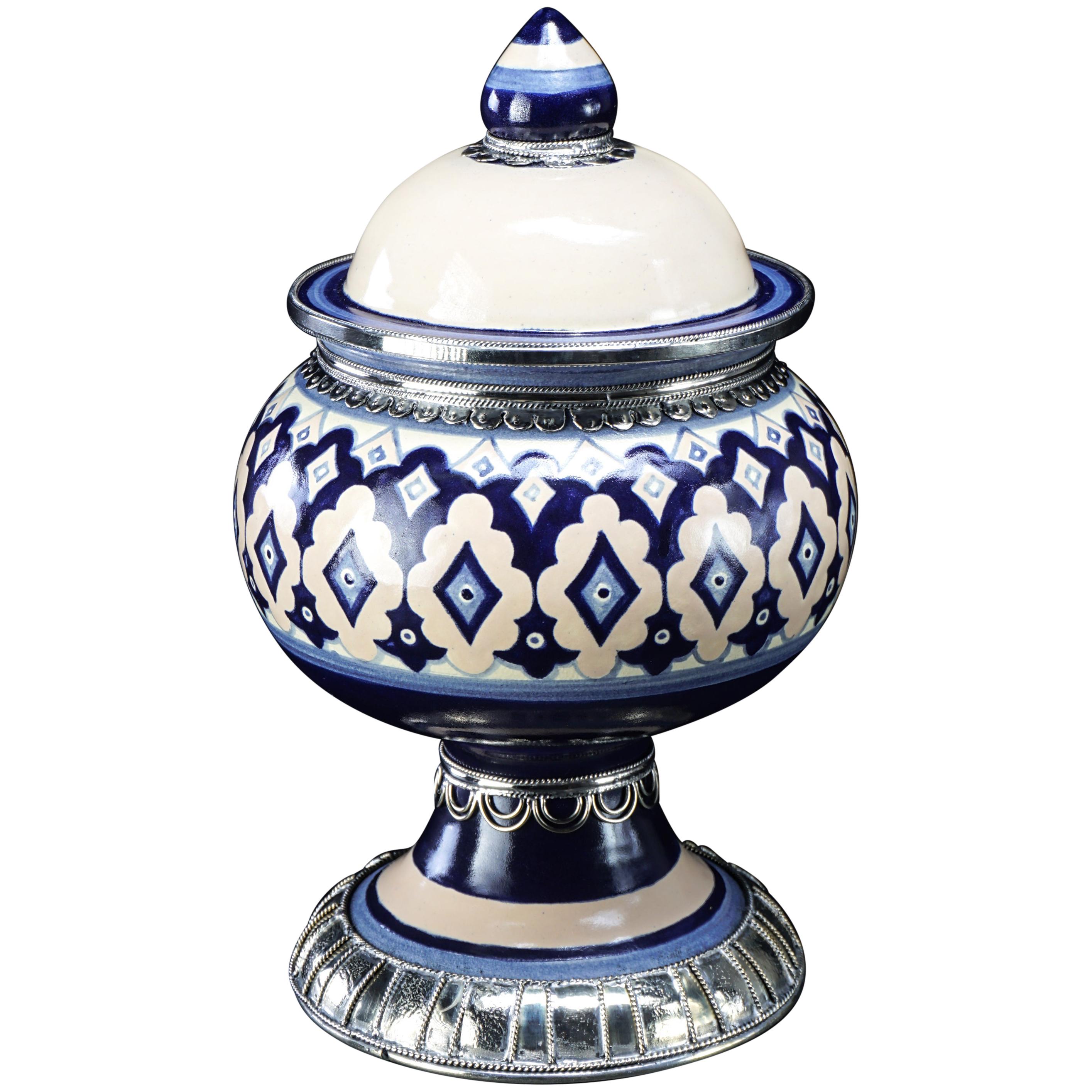 Blue and White Jar, Ceramic and White Metal ‘Alpaca’, Handmade with Cherubs