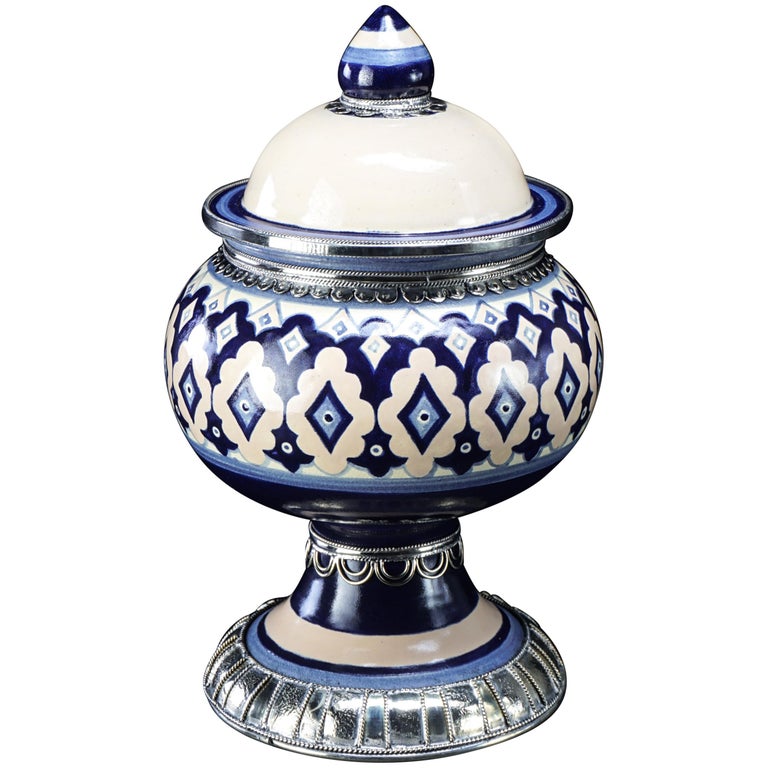 Blue and White Jar, Ceramic and White Metal ‘Alpaca’, Handmade with Cherubs For Sale
