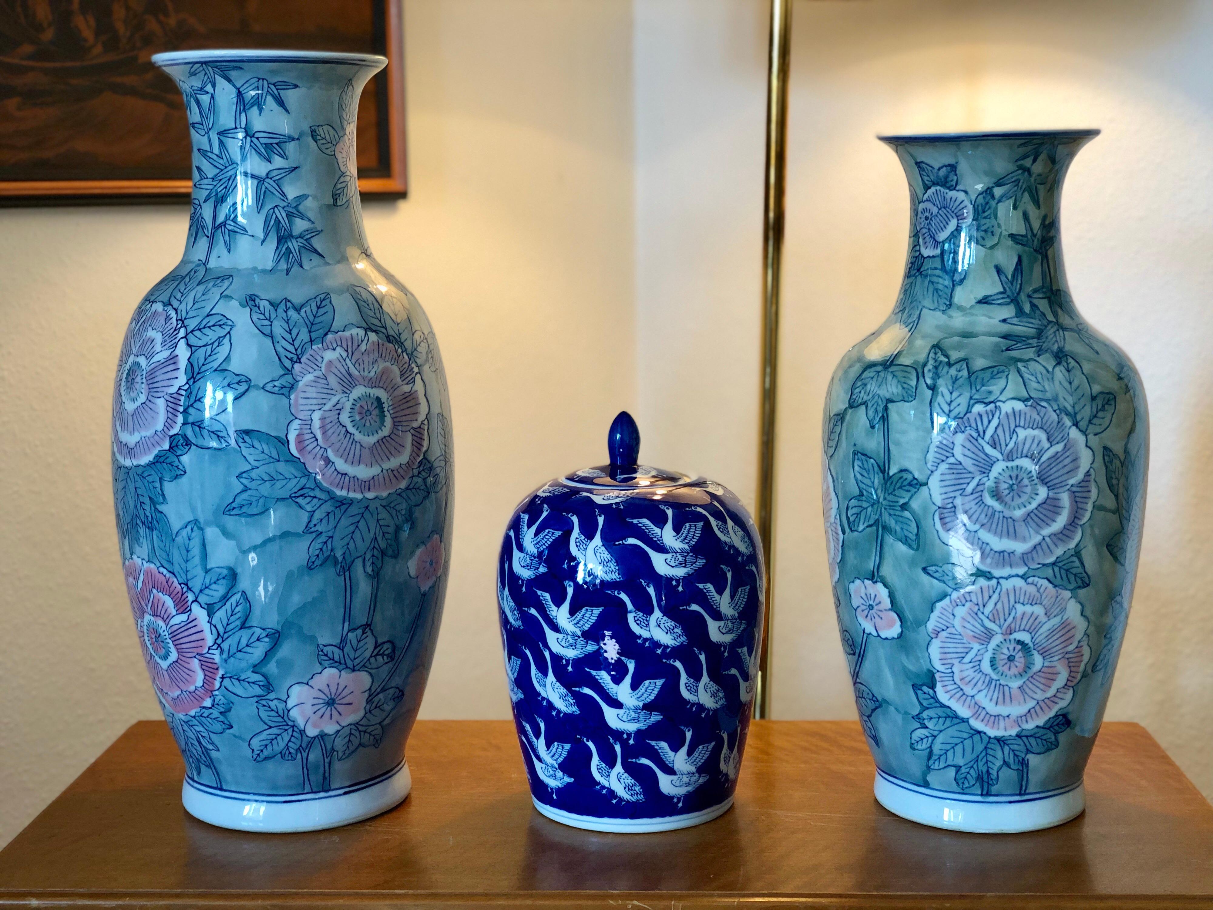 Mid-Century Modern Blue and White Jar Cobalt Chinese Swan Vase Made in China SALE