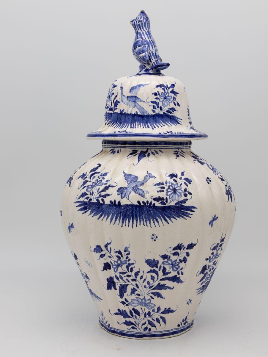 French Blue and White Jar with Bird Figure