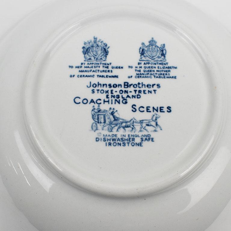 English Blue and White Johnson Brothers Ceramic Ironstone Bowl Coaching Scene, England