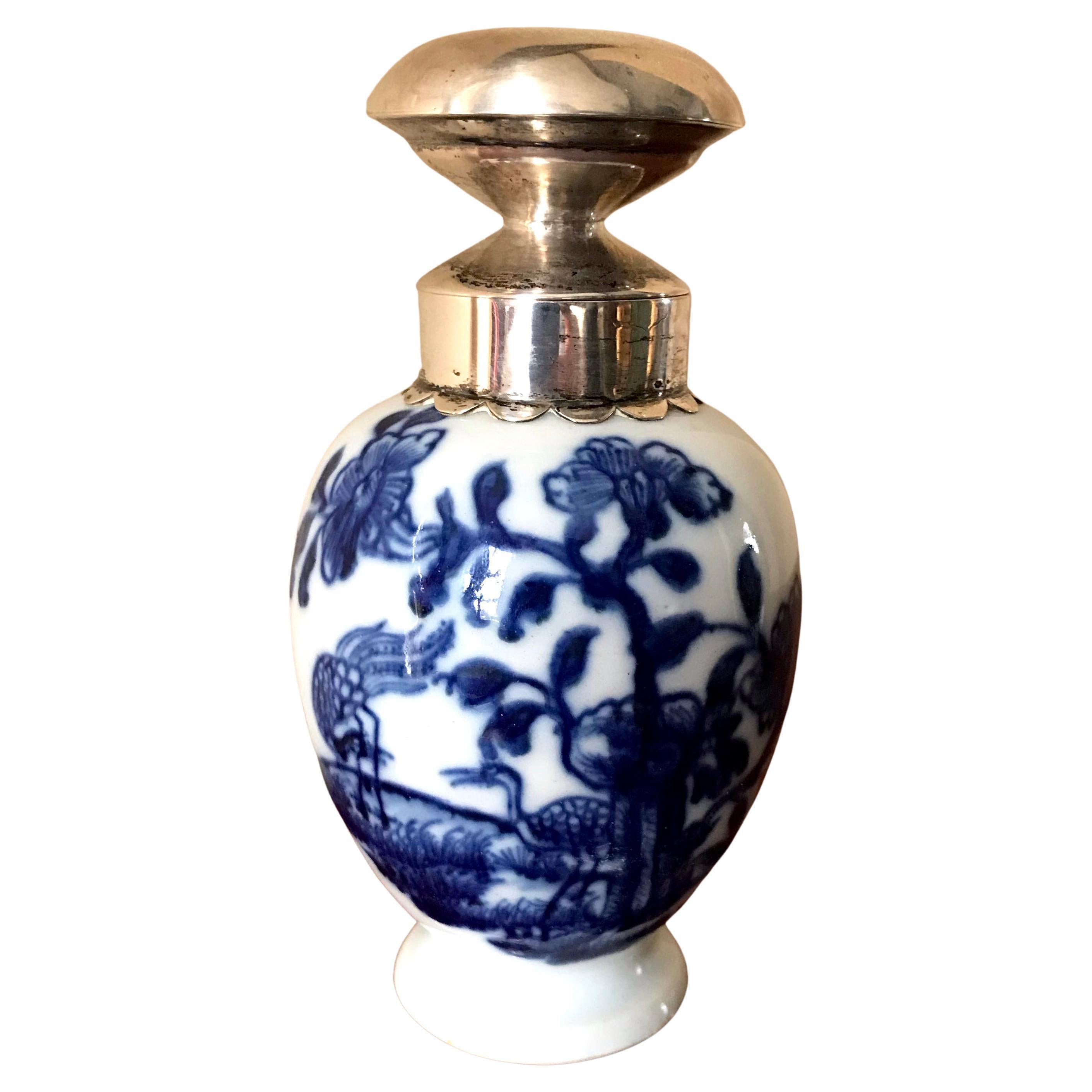 Blue and White Kang-xi Tea Caddy with Silver Stopper For Sale