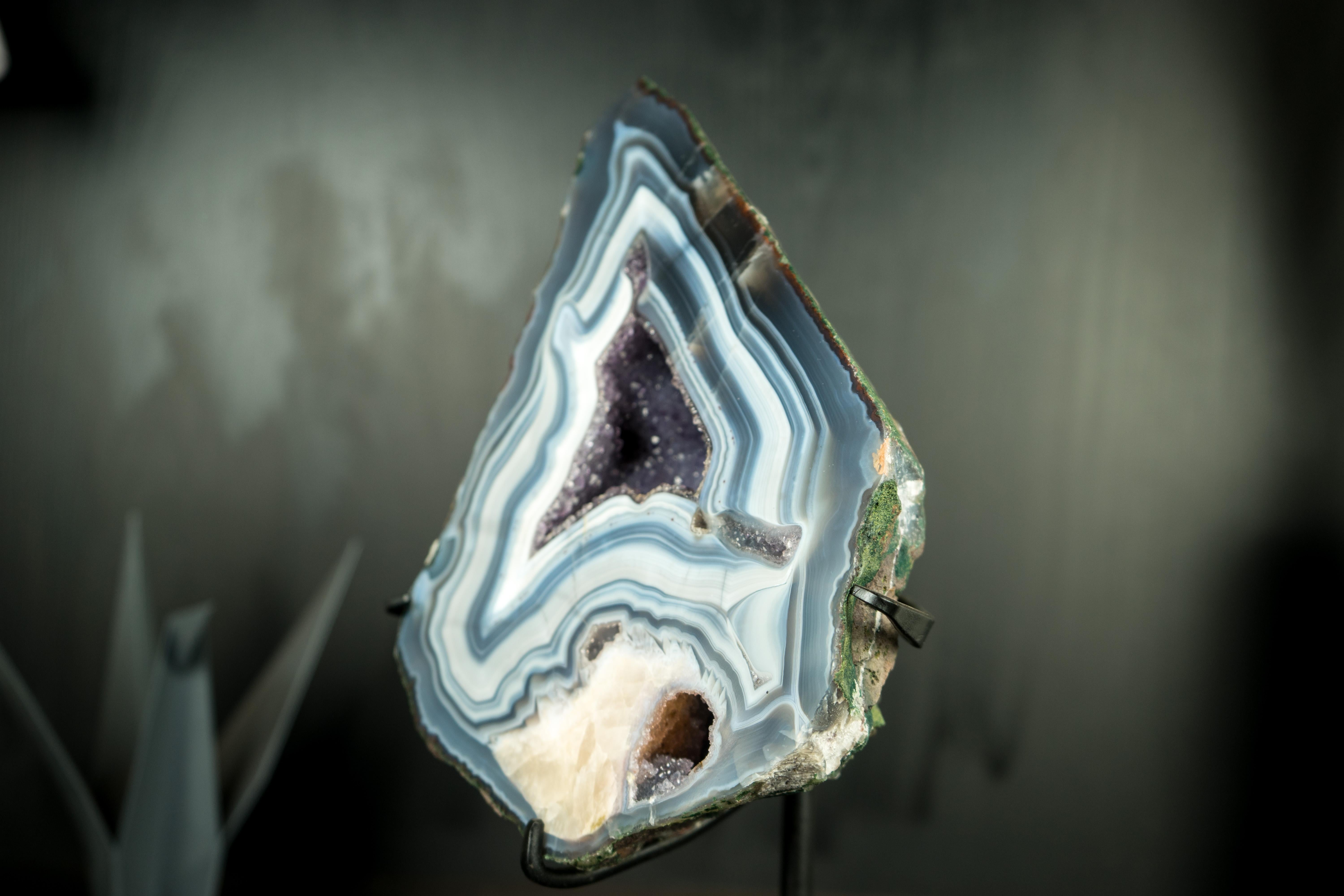 Brazilian Blue and White Lace Agate Geode with Calcite Flower Inclusion: A Rare Agate For Sale