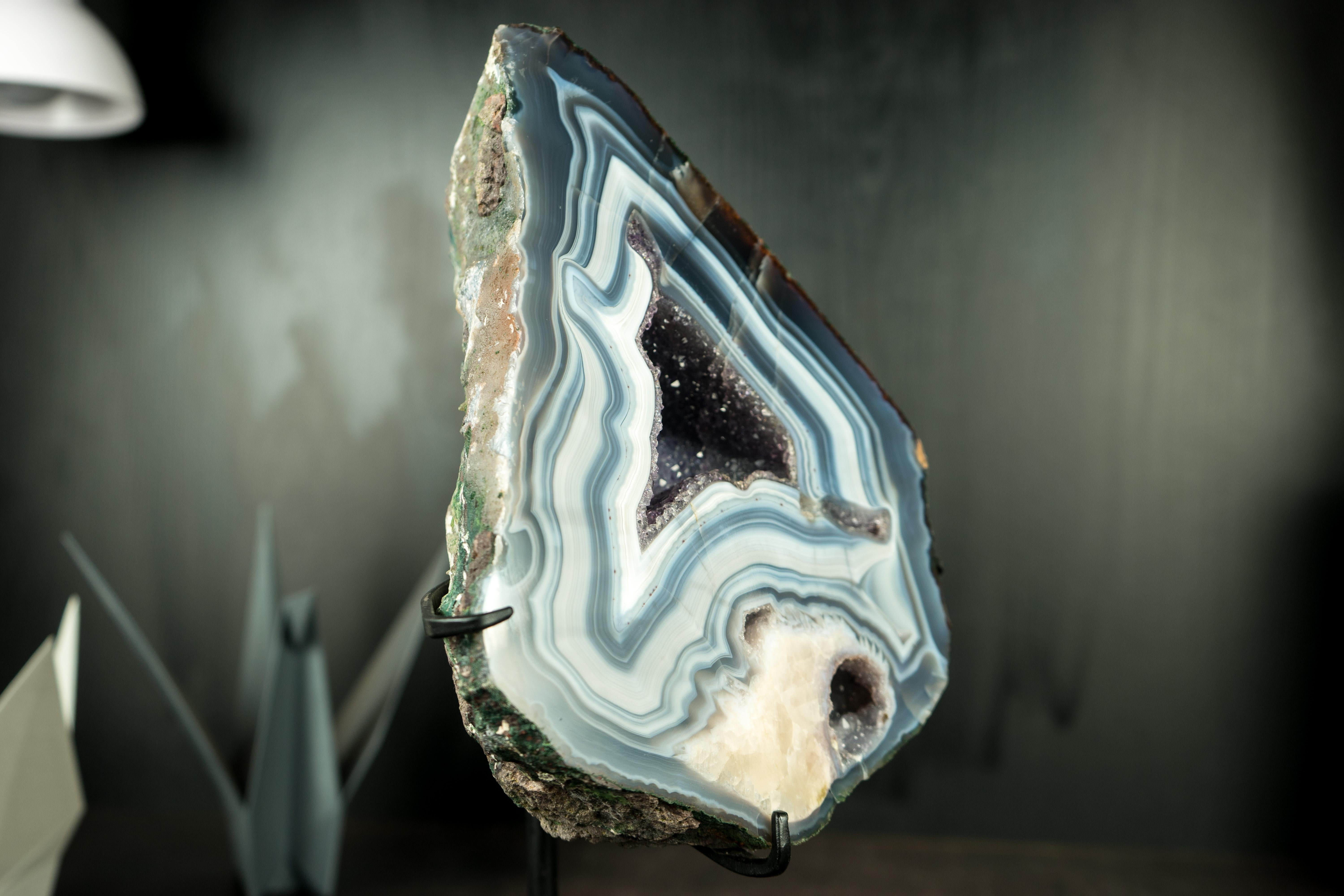 Contemporary Blue and White Lace Agate Geode with Calcite Flower Inclusion: A Rare Agate For Sale