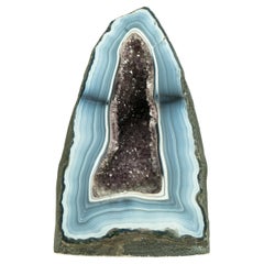 Blue and White Lace Agate Geode with Unique Striped Drawings and Amethyst Druzy