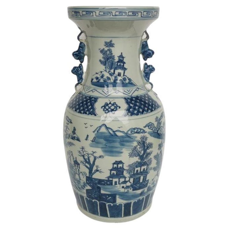 Blue and White Landscape Vase with Squirrel Handles For Sale at 1stDibs