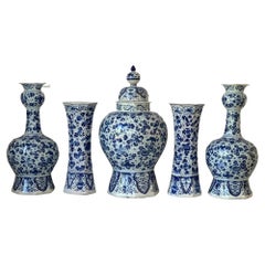Blue and White Large Delft Five Piece Garniture Hand Painted Early-18th Century