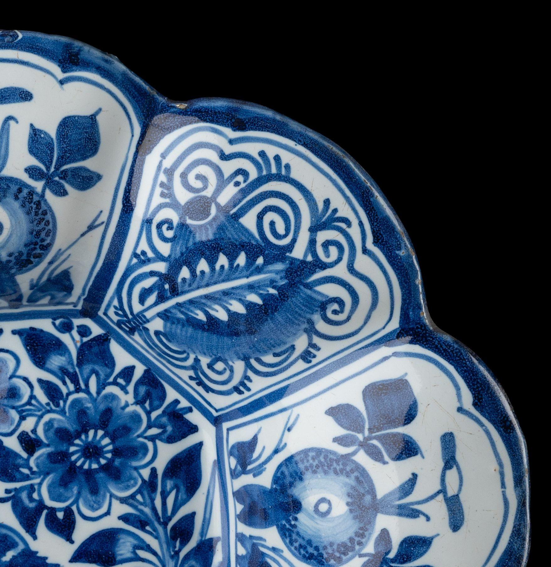 18th Century and Earlier Blue and White Lobed Dish Chinoiserie Landscape of a Bird Delft, circa 1680