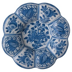 Antique Blue and White Lobed Dish with Floral Decor Delft, 1670-1690