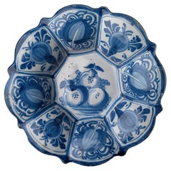 Antique Blue and White Lobed Dish with Fruit Still Life Delft, circa 1680