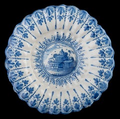 Blue and White Lobed Dish with Landscape, Northern Netherlands, 1640-1660