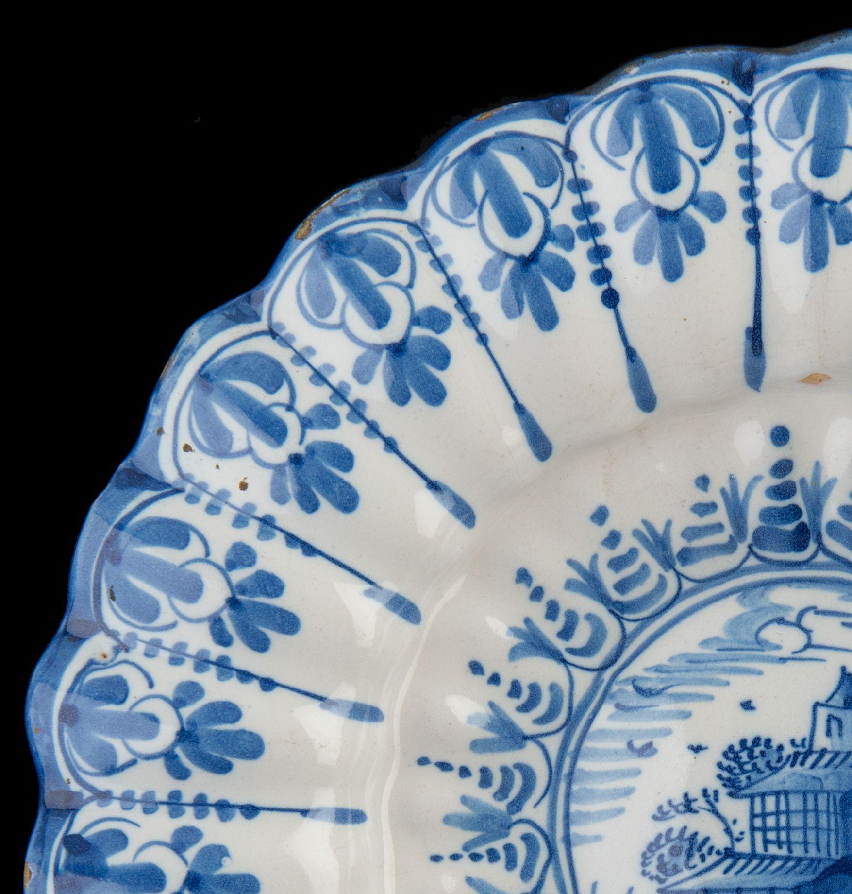 Baroque Blue and White Lobed Dish with Landscape, Northern Netherlands, 1640-1660 For Sale