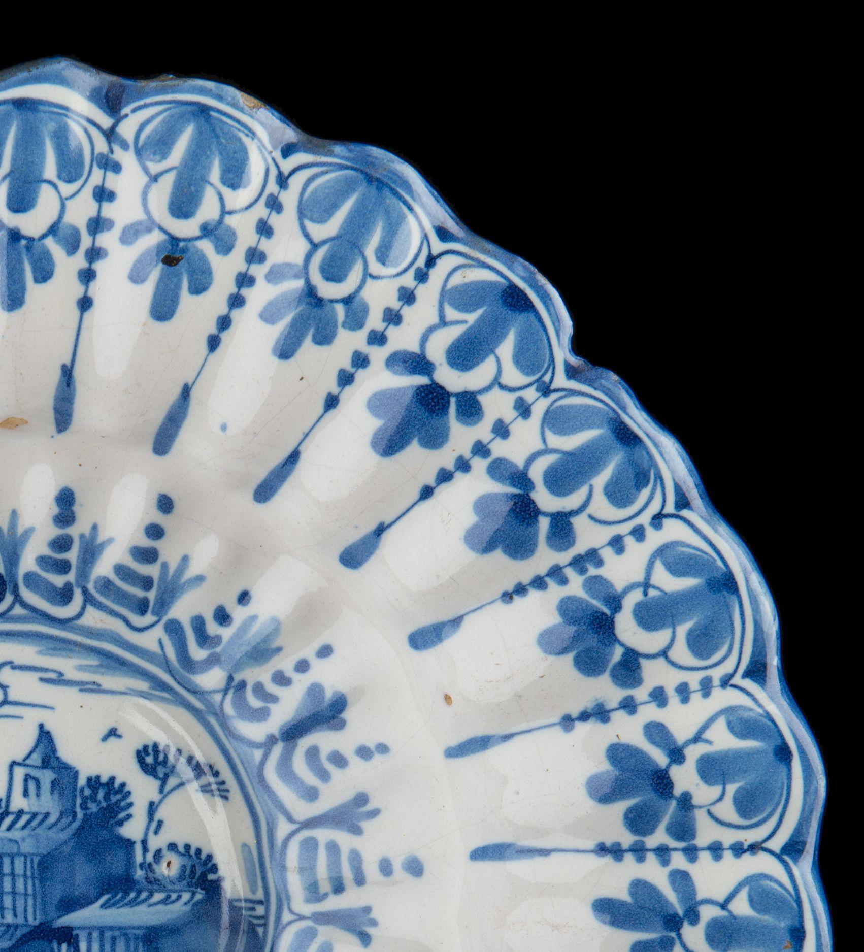 Dutch Blue and White Lobed Dish with Landscape, Northern Netherlands, 1640-1660 For Sale