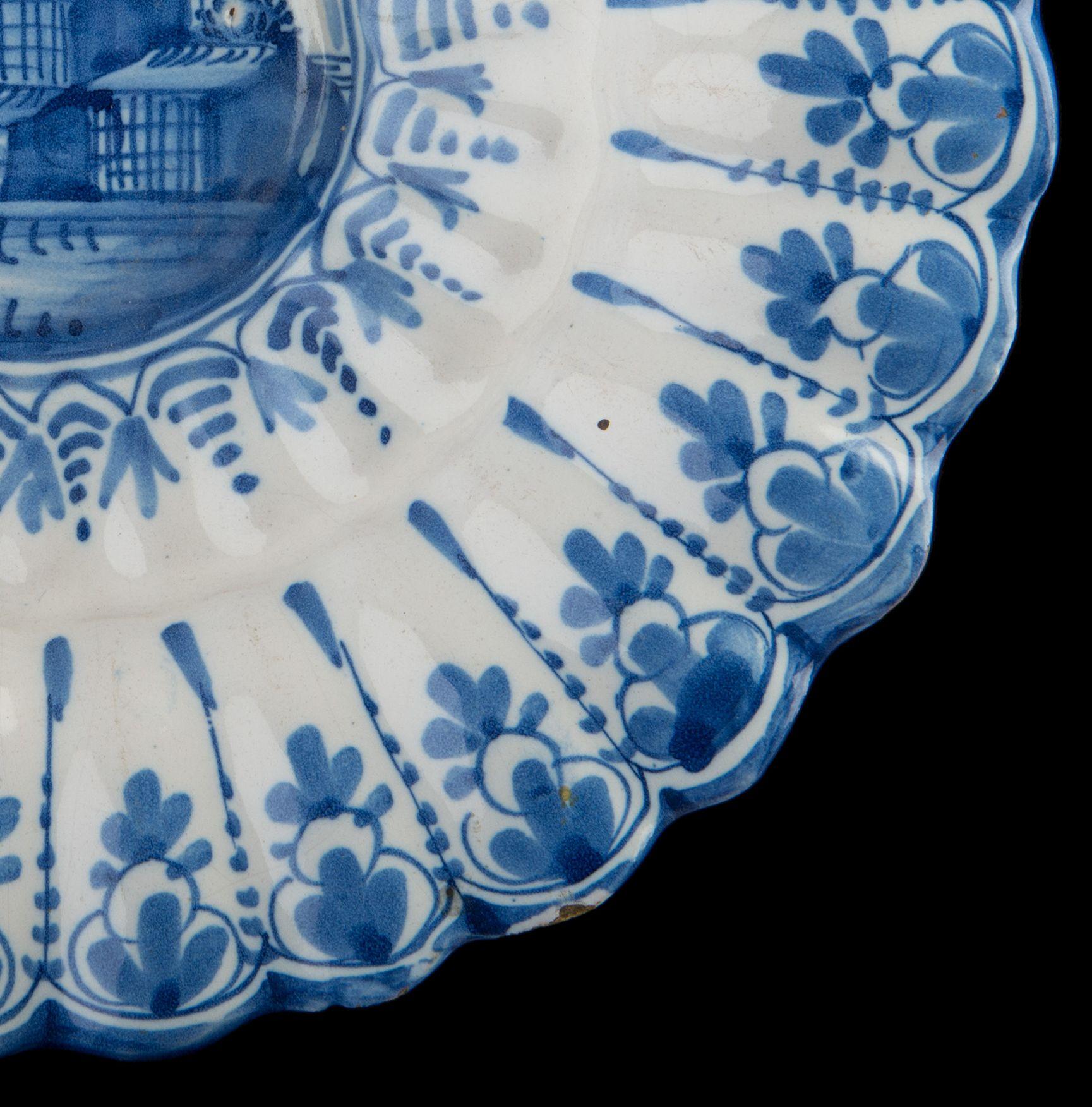 Glazed Blue and White Lobed Dish with Landscape, Northern Netherlands, 1640-1660 For Sale