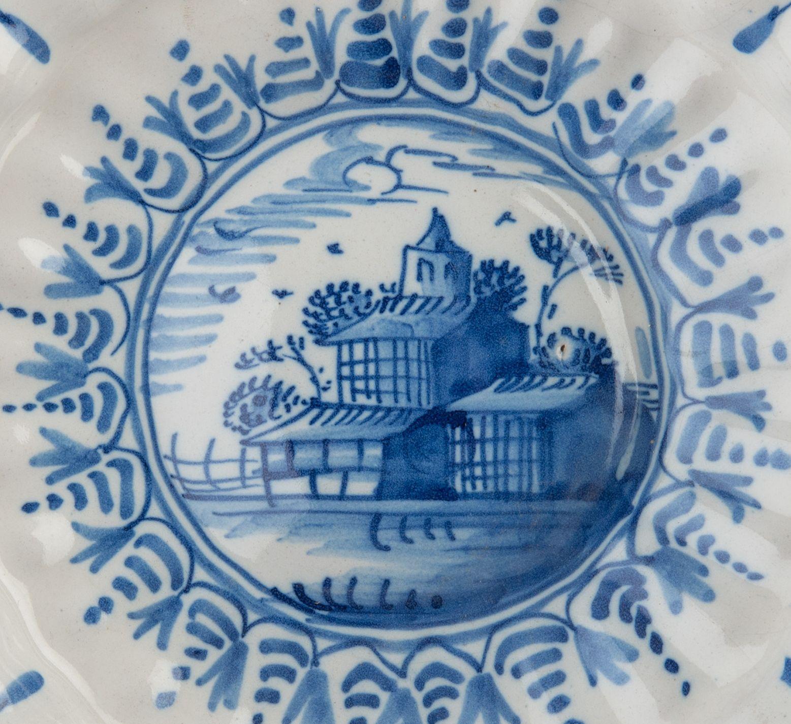 17th Century Blue and White Lobed Dish with Landscape, Northern Netherlands, 1640-1660 For Sale