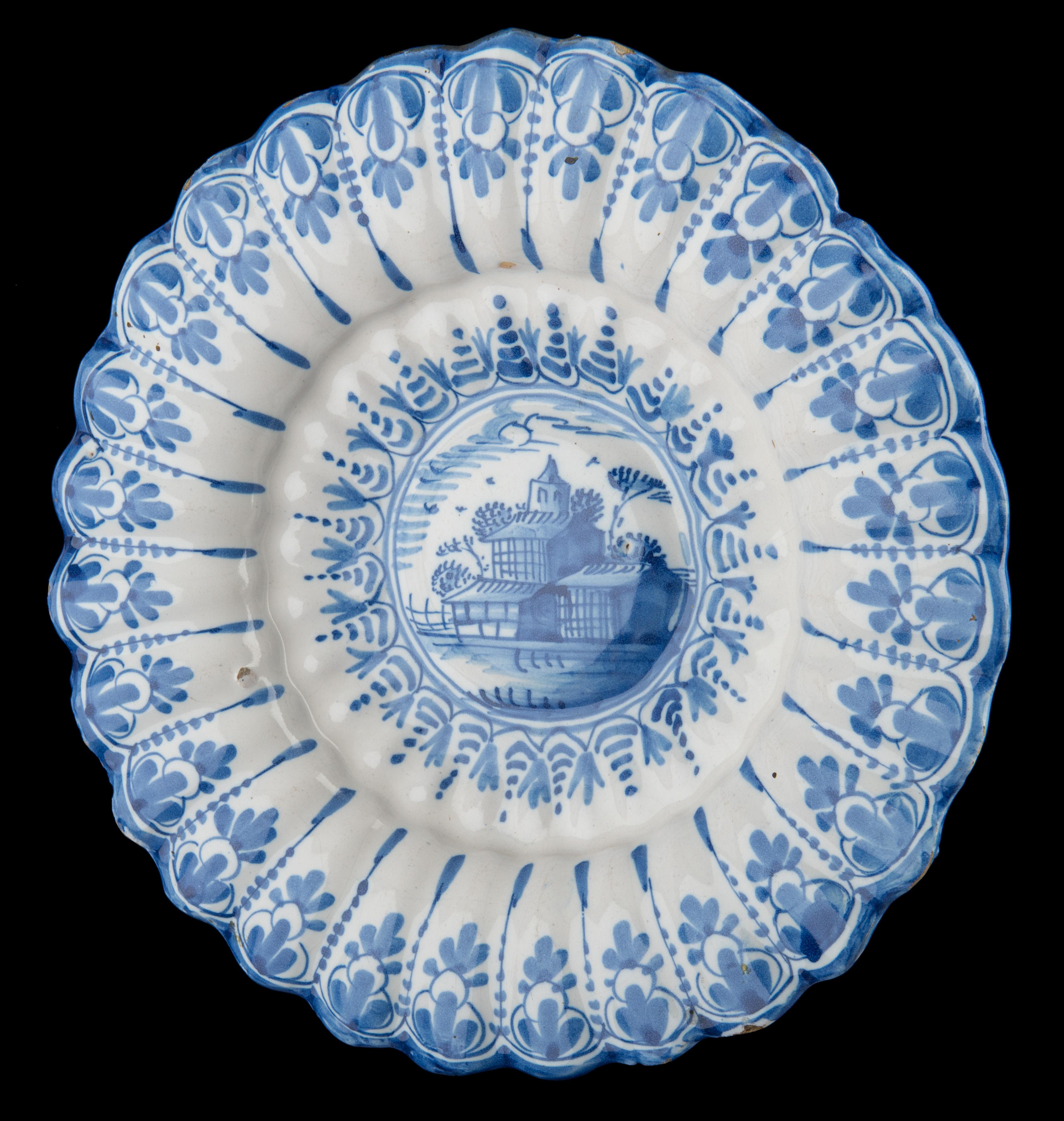 Blue and White Lobed Dish with Landscape, Northern Netherlands, 1640-1660 For Sale 1