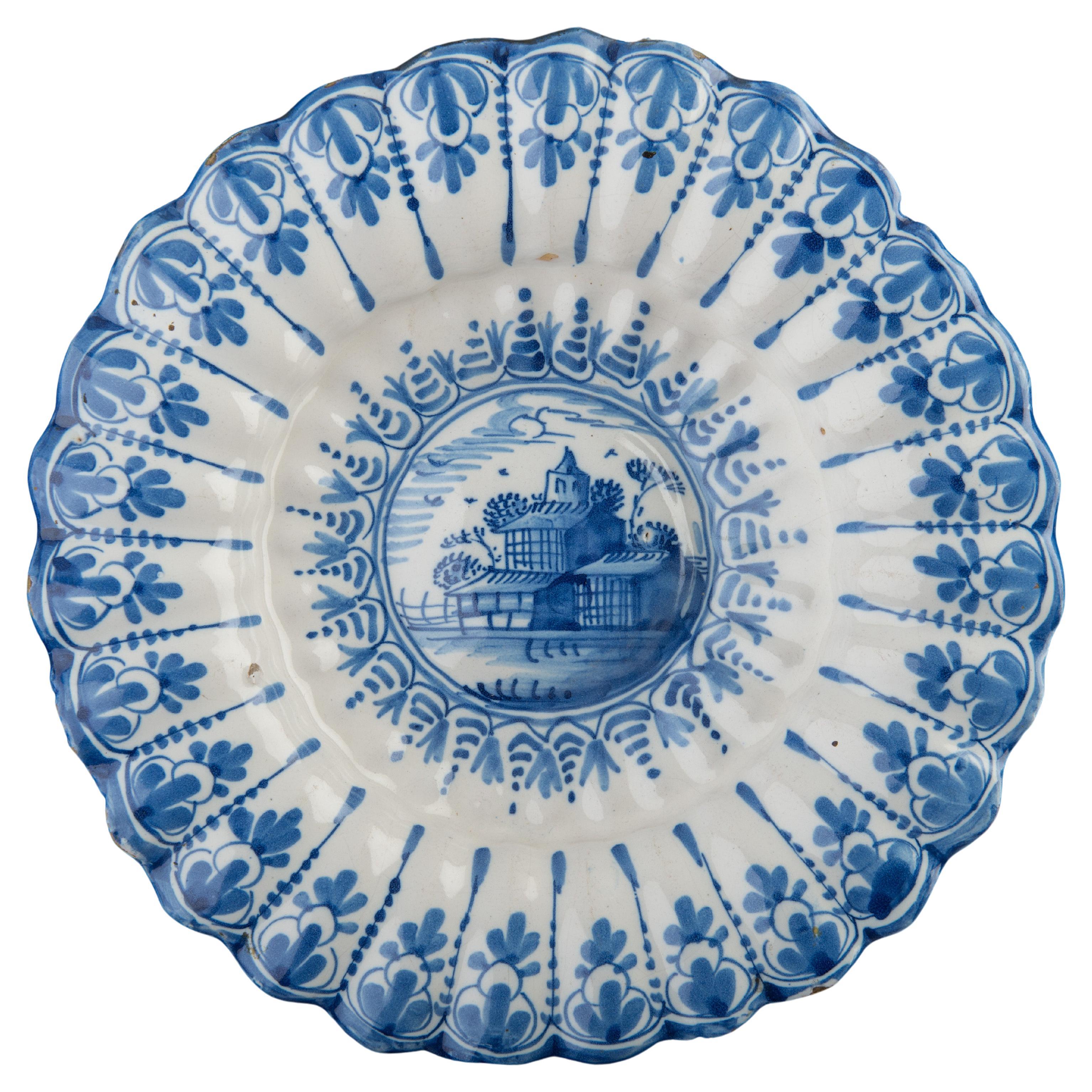 Blue and White Lobed Dish with Landscape, Northern Netherlands, 1640-1660 For Sale