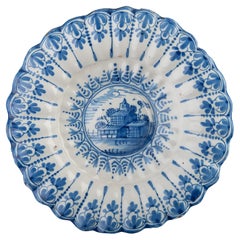 Blue and White Lobed Dish with Landscape, Northern Netherlands, 1640-1660