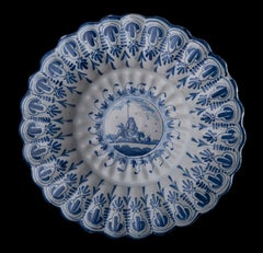 Blue and White Lobed Dish with Shepherd, Northern Netherlands, 1650-1680