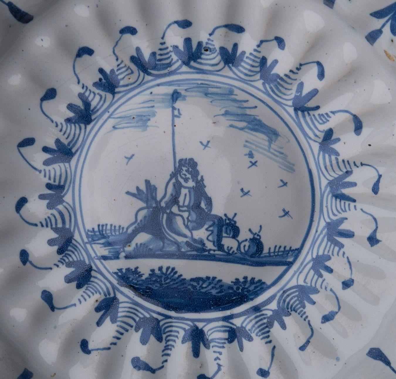 Baroque Blue and White Lobed Dish with Shepherd, Northern Netherlands, 1650-1680 For Sale