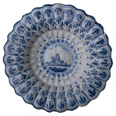 Antique Blue and White Lobed Dish with Shepherd, Northern Netherlands, 1650-1680