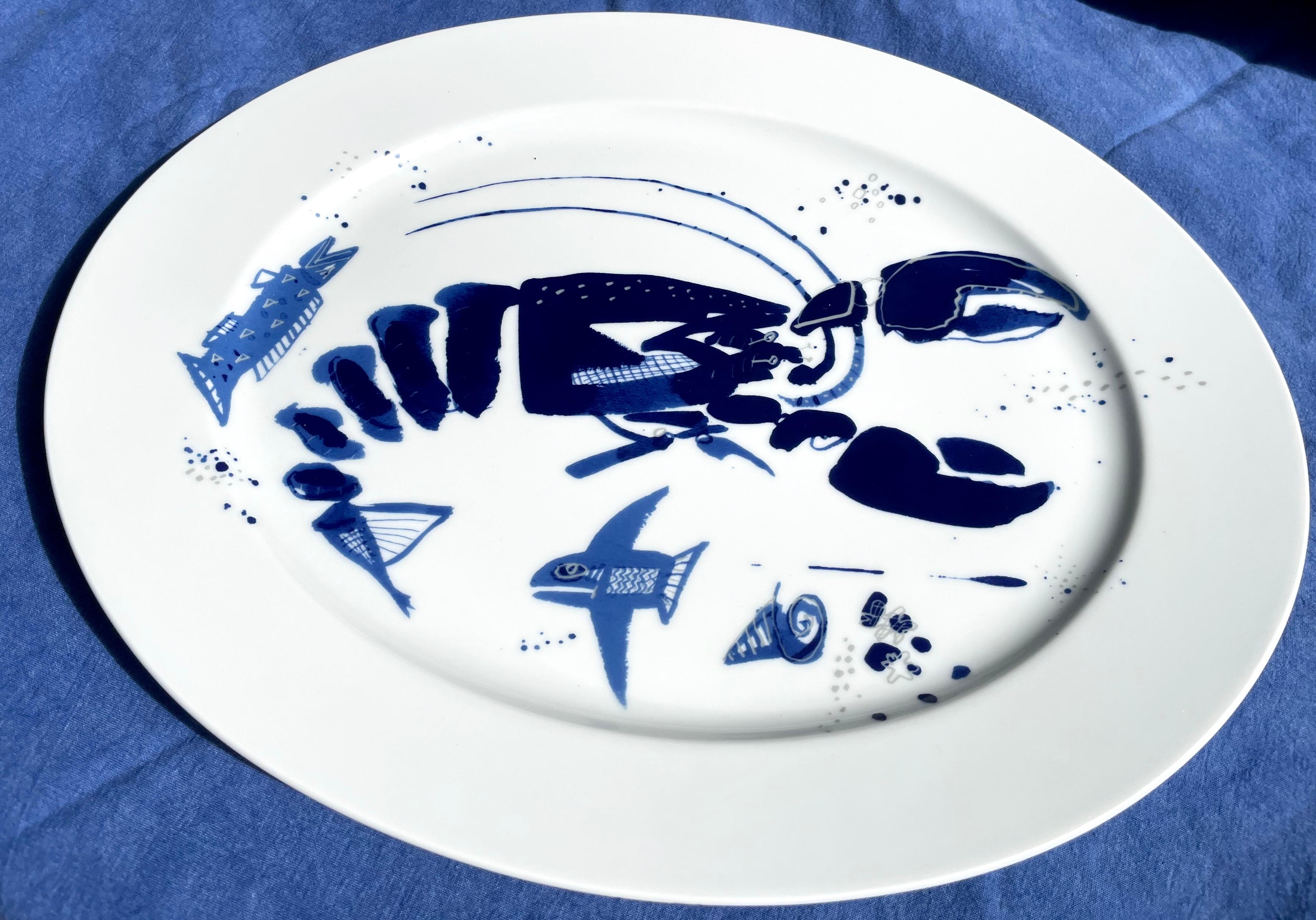 Painted Blue and White Lobster Platter For Sale