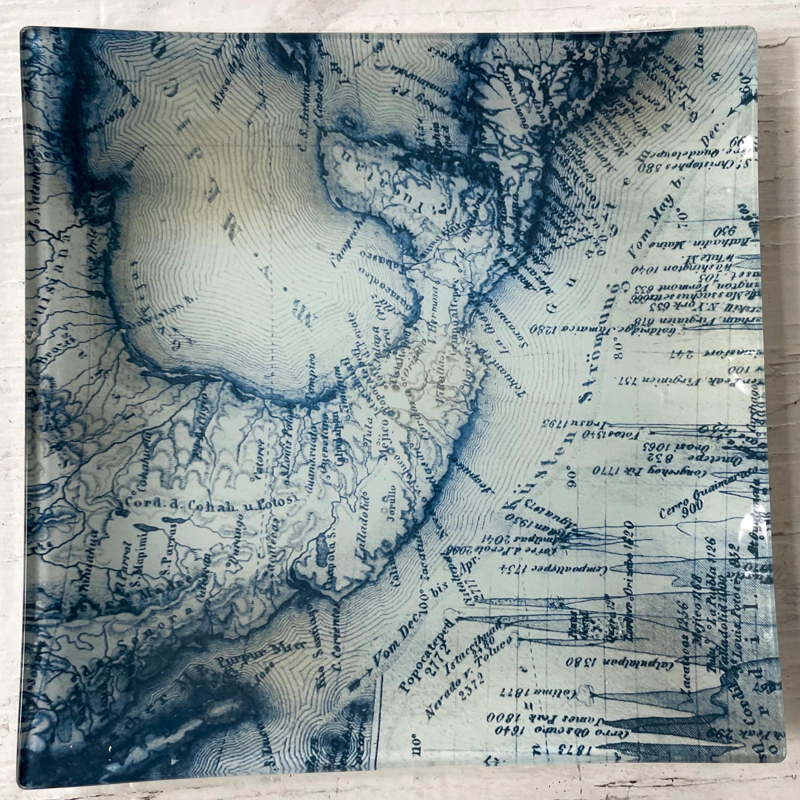 Blue and white map glass vide poche plate. Contemporary glass plate with print of antique map of the Gulf of Mexico United States, 20th century.
Dimensions: 9