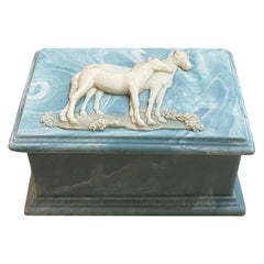 Blue and White Marbled Inoclay Cameo Horse Motif Jewelry or Trinket Box with Lid