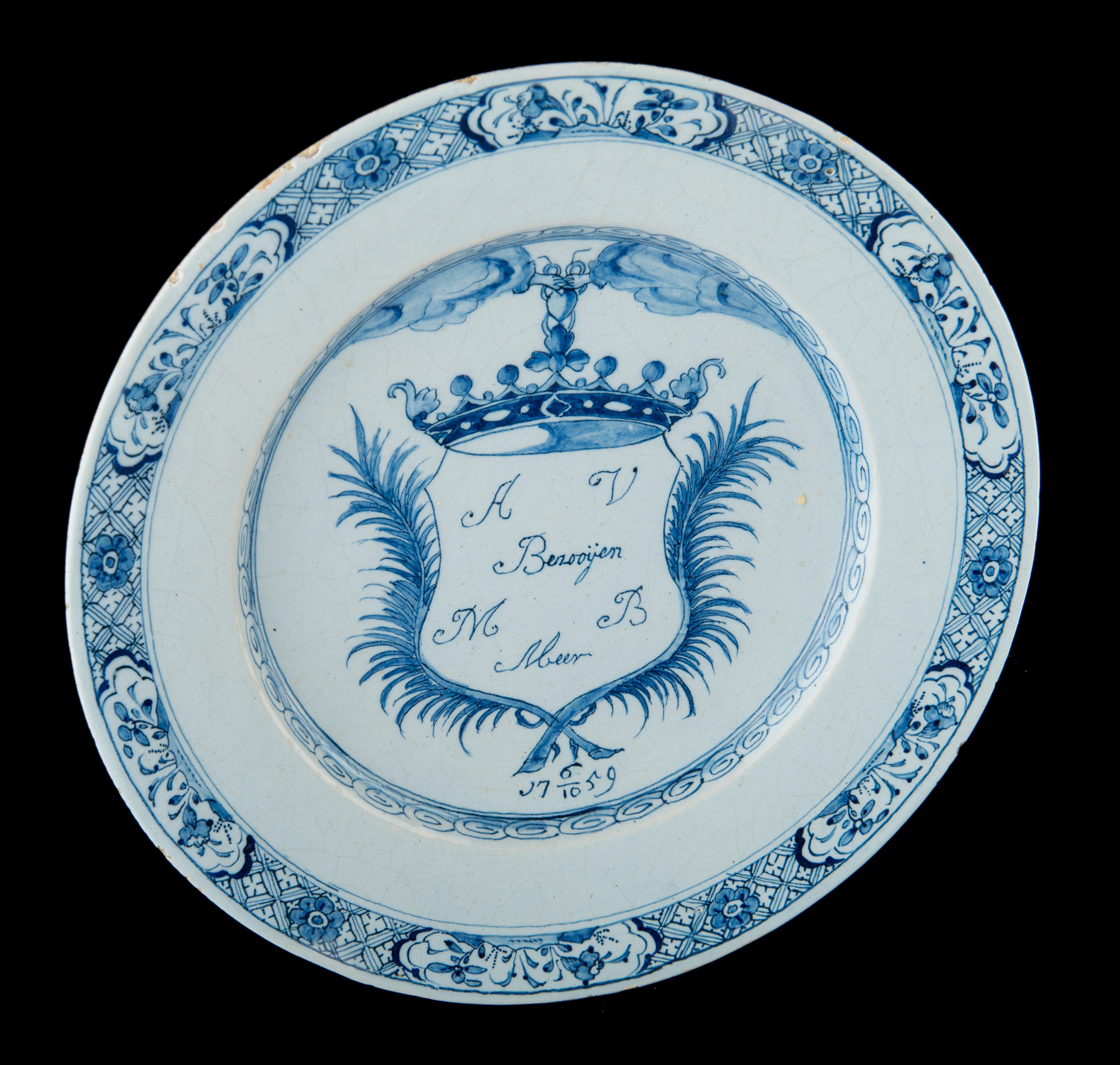 Blue and White Marriage Plate, Delft, Dated 1759 For Sale 1
