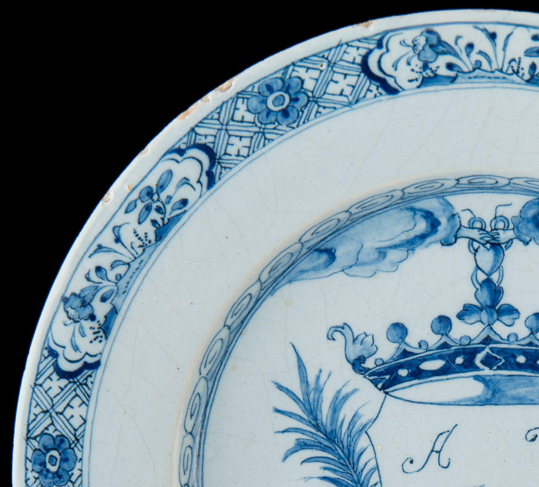 Baroque Blue and White Marriage Plate, Delft, Dated 1759 For Sale