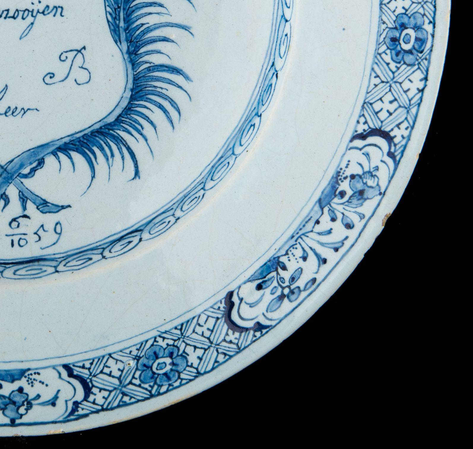 Hand-Painted Blue and White Marriage Plate, Delft, Dated 1759 For Sale