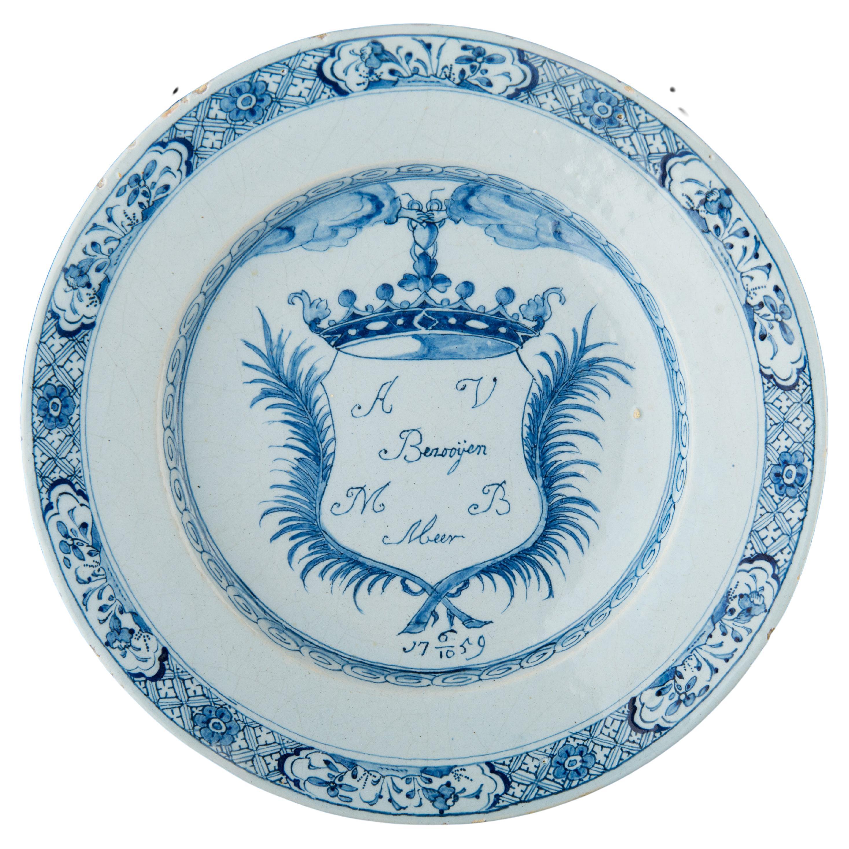 Blue and White Marriage Plate, Delft, Dated 1759