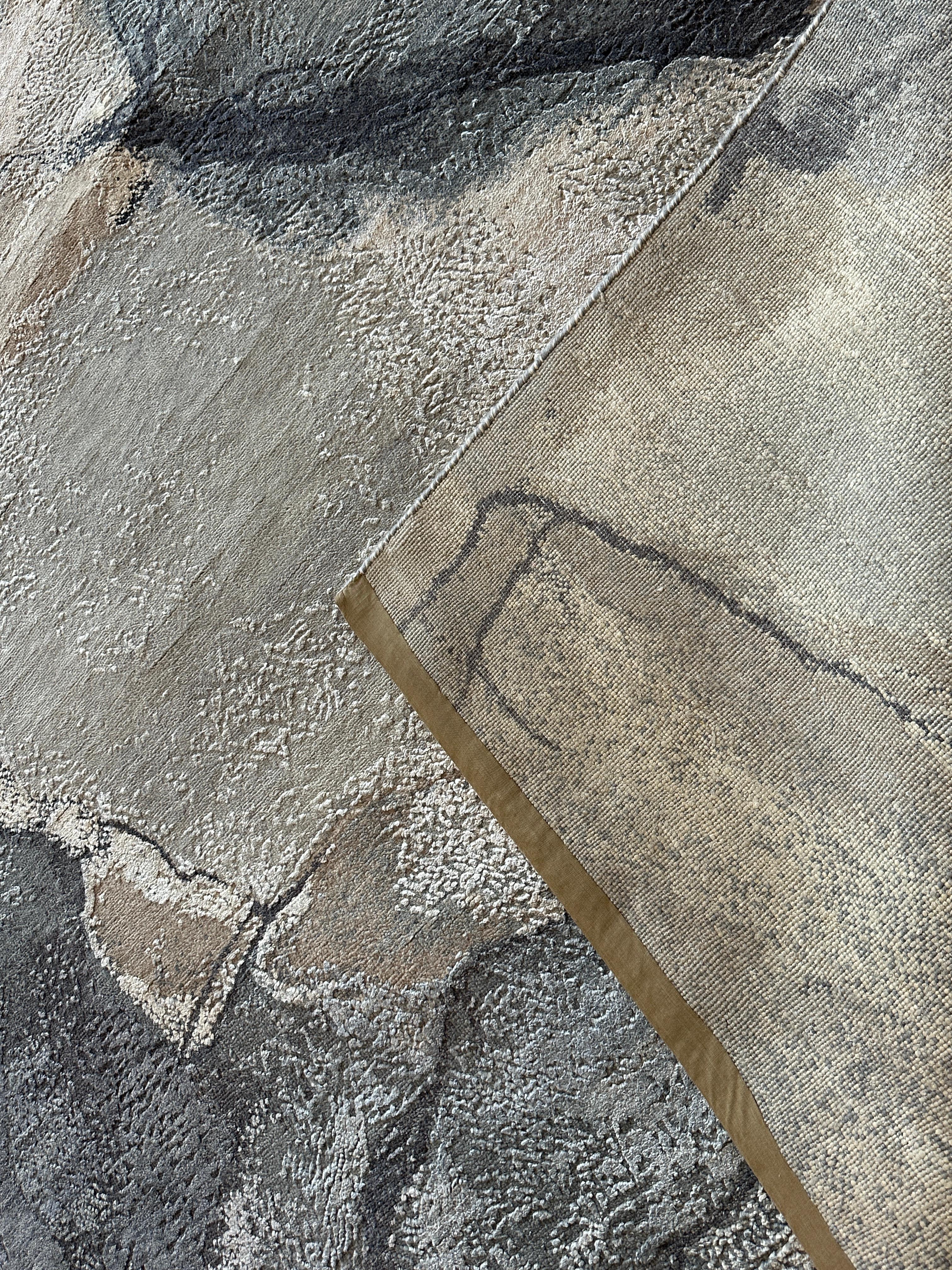 Hand-Knotted Blue and White Modern Silk and Wool Rug For Sale