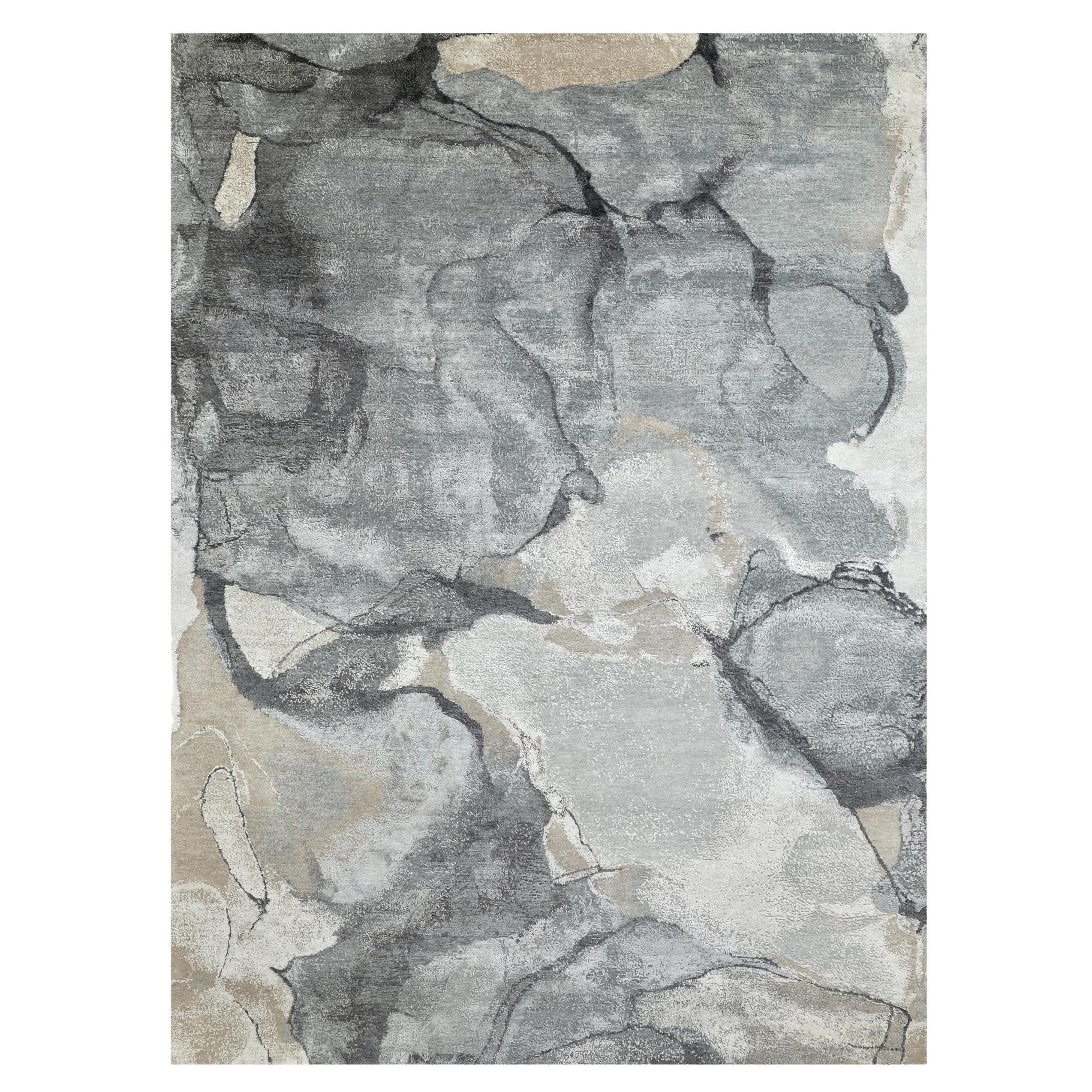 Blue and White Modern Silk and Wool Rug