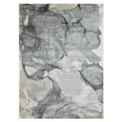 Tapis moderne en soie et laine bleu et blanc