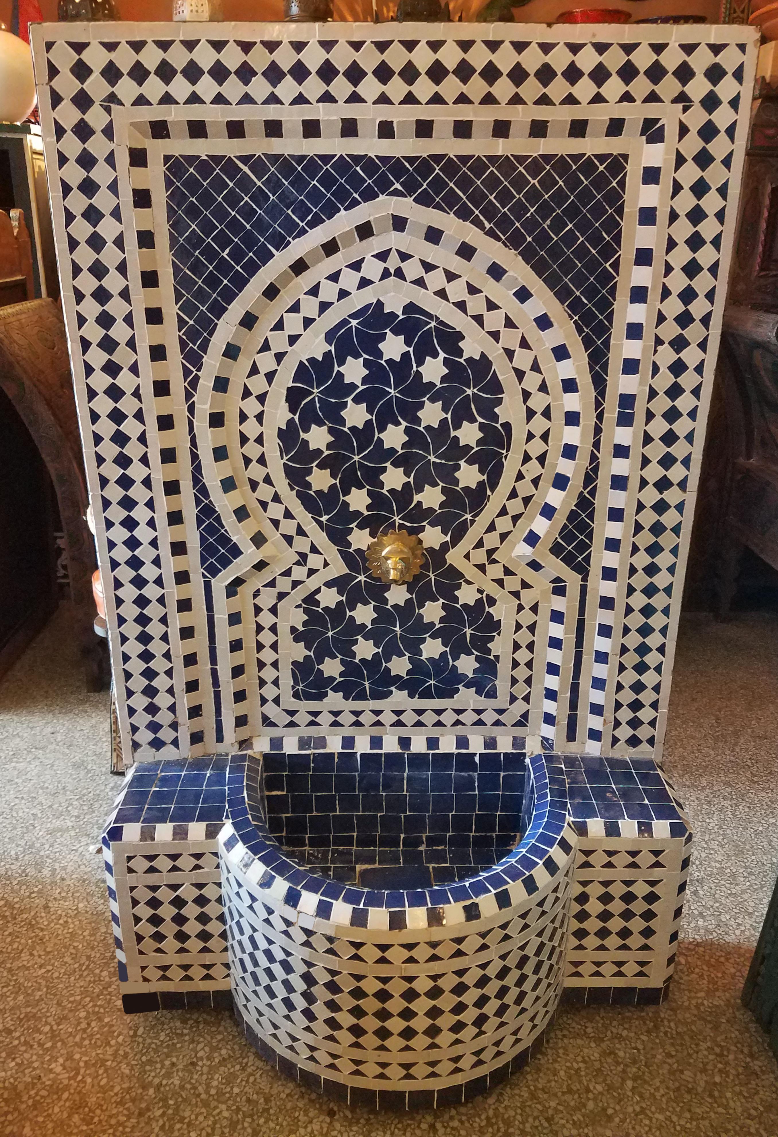 Contemporary Blue and White Moroccan Mosaic Tile Fountain, Rafraf For Sale