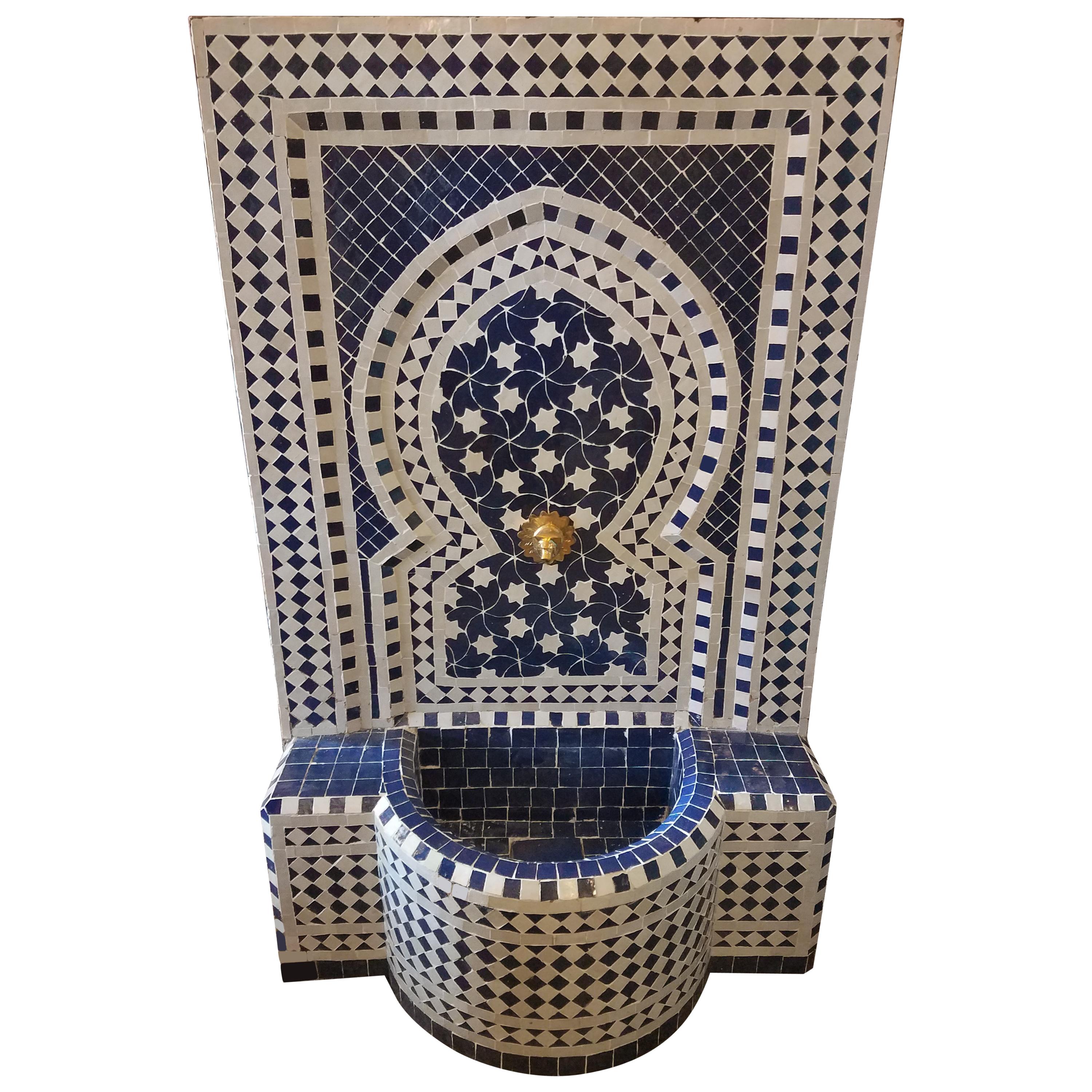 Blue and White Moroccan Mosaic Tile Fountain, Rafraf For Sale