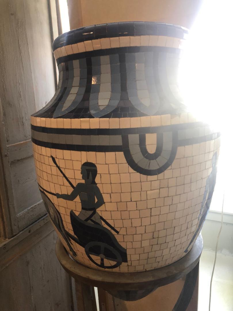 French Blue and White Mosaic Urn on a Wrought Iron Stand