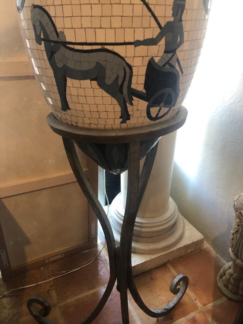 Mid-20th Century Blue and White Mosaic Urn on a Wrought Iron Stand