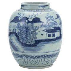 Blue and White Mountain Village Lantern Jar