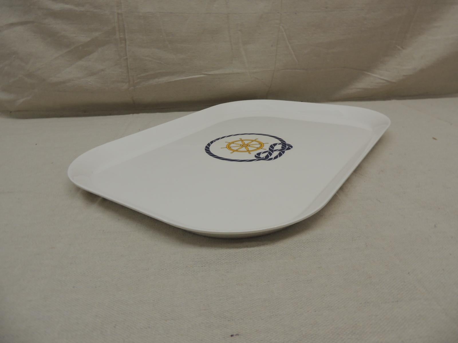 Mid-Century Modern Blue and White Nautical Theme Oval Serving Tray