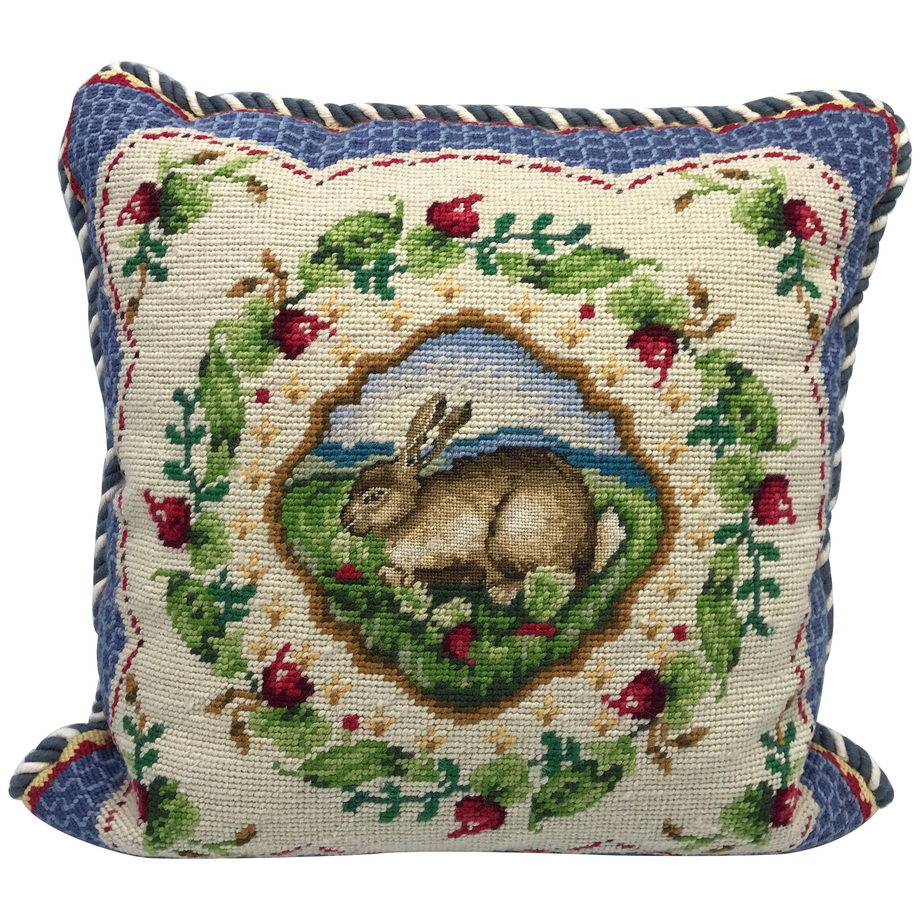 Blue and White Needlepoint Pillow with Floral and Rabbit-Hare Motif, 1960s For Sale
