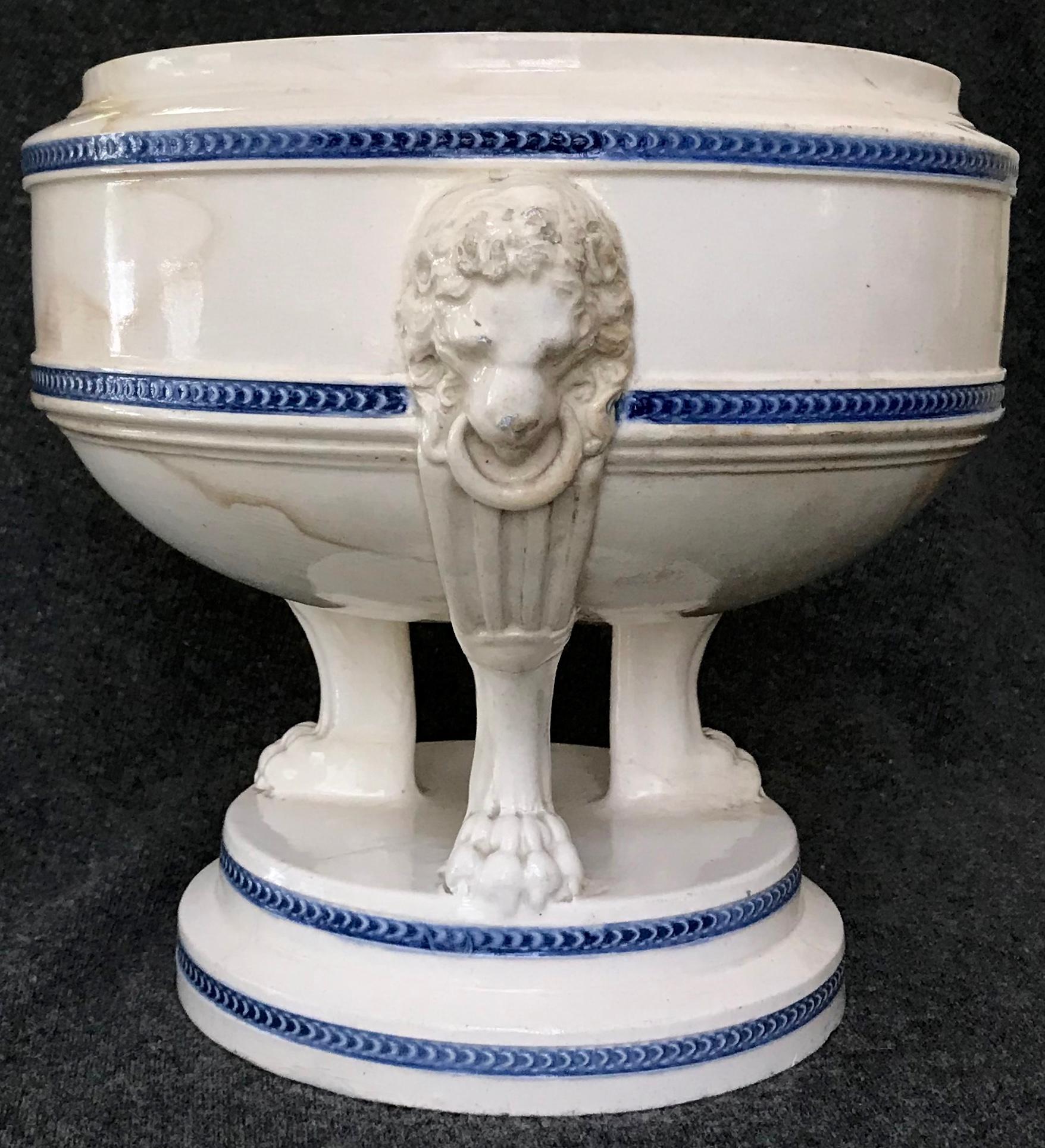 Blue and White Neoclassical Lion Mask Cachepot Tureen In Fair Condition In New York, NY