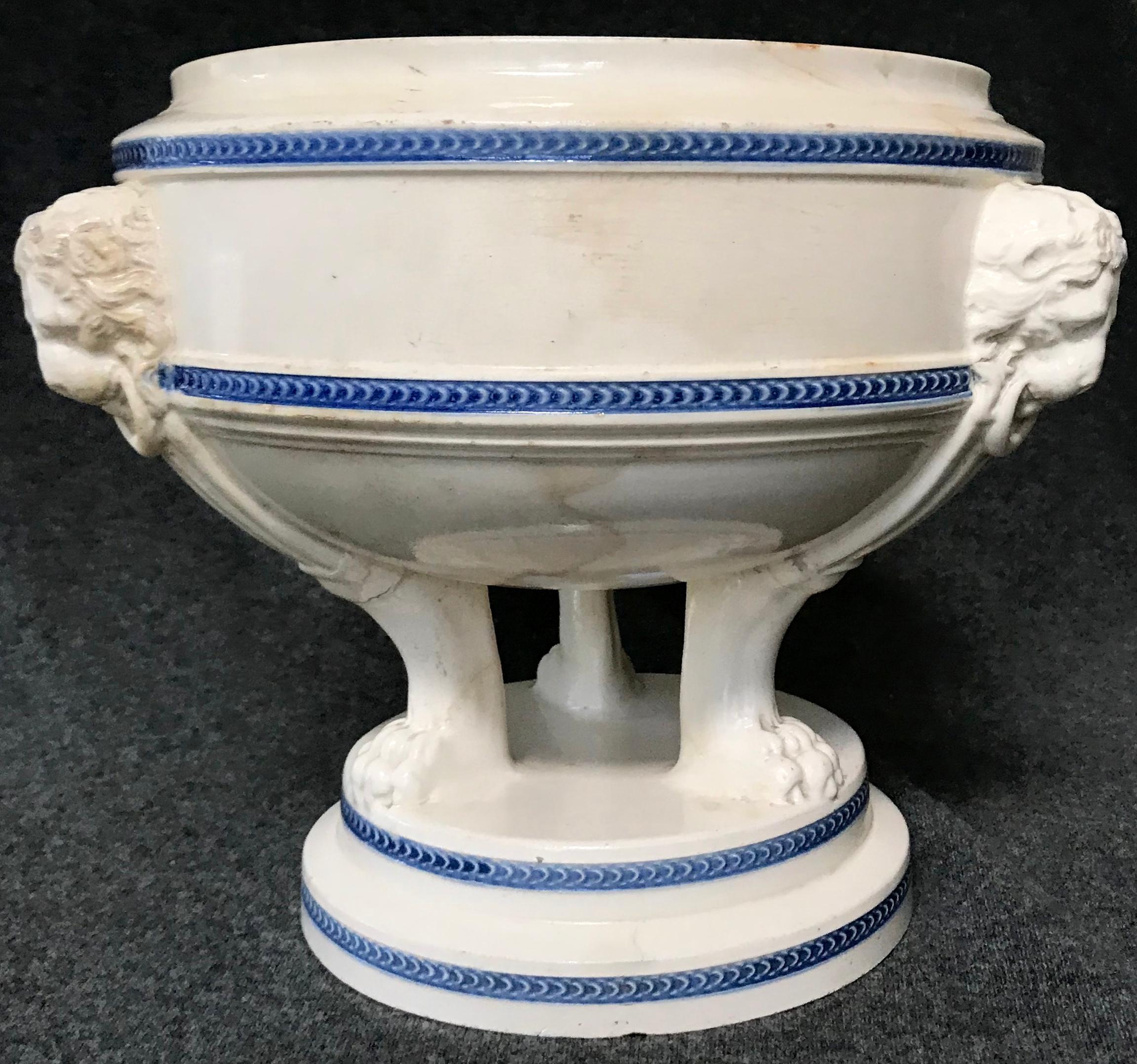 19th Century Blue and White Neoclassical Lion Mask Cachepot Tureen