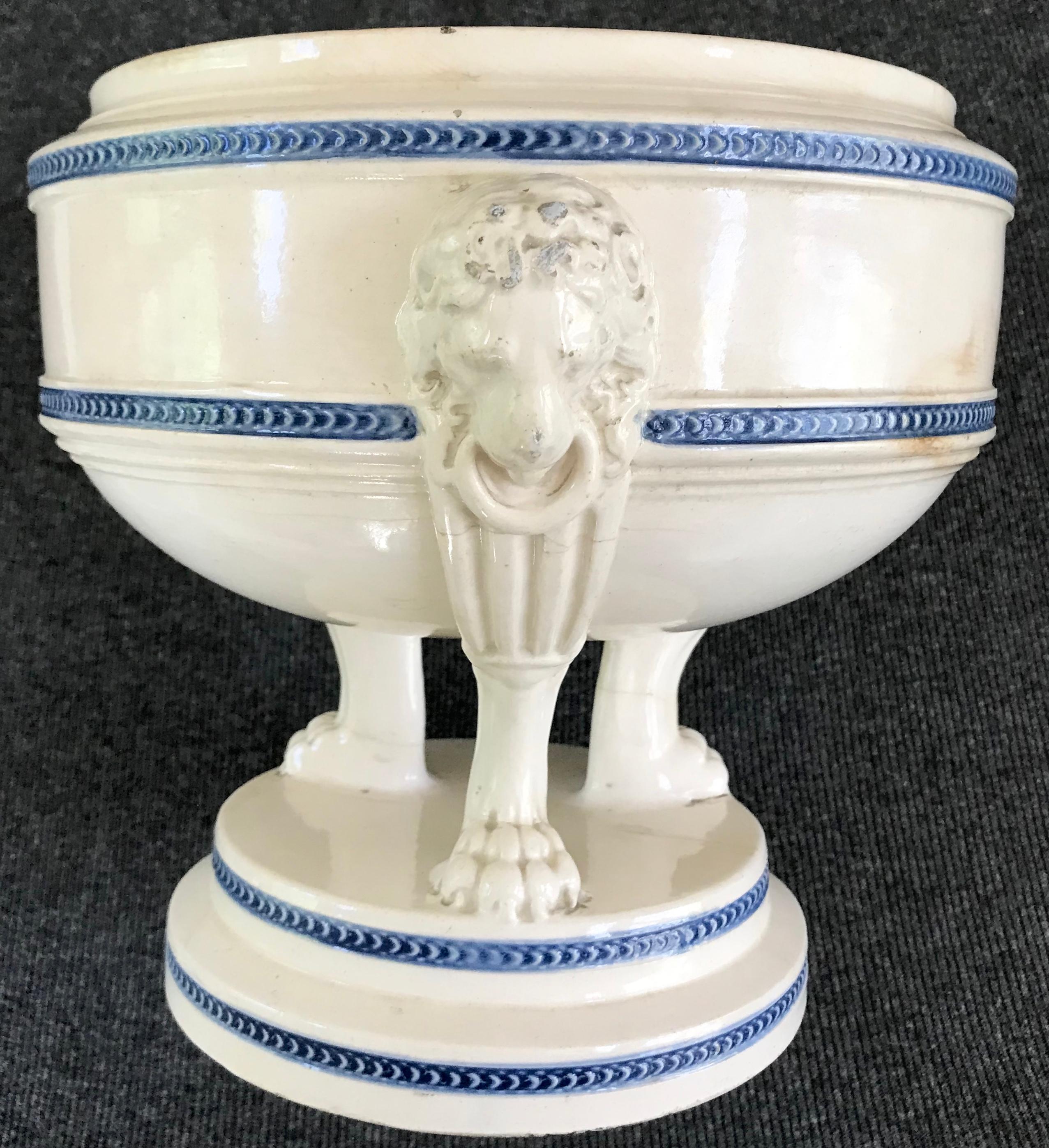 Creamware Blue and White Neoclassical Lion Mask Cachepot Tureen