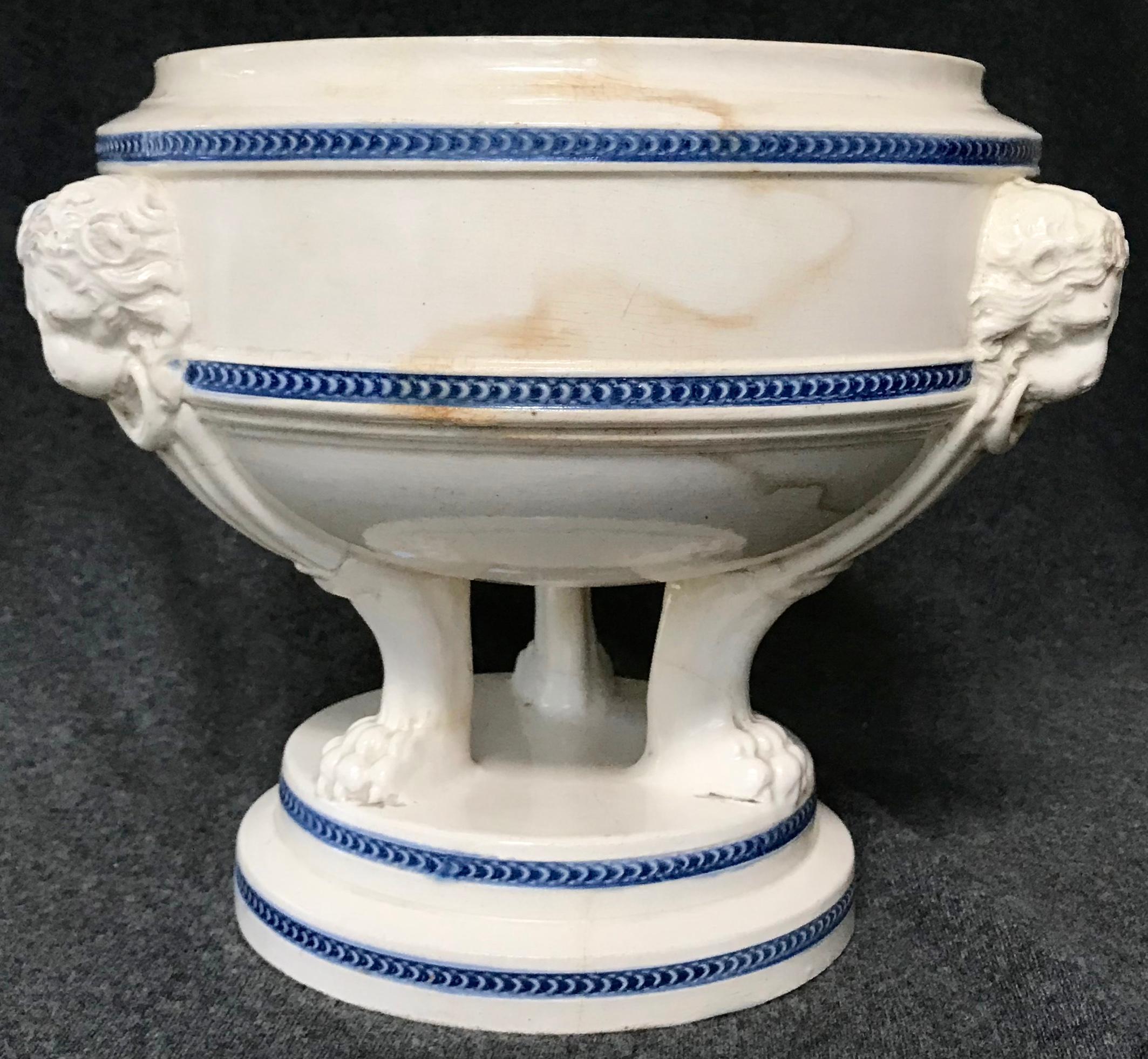 Blue and White Neoclassical Lion Mask Cachepot Tureen 1