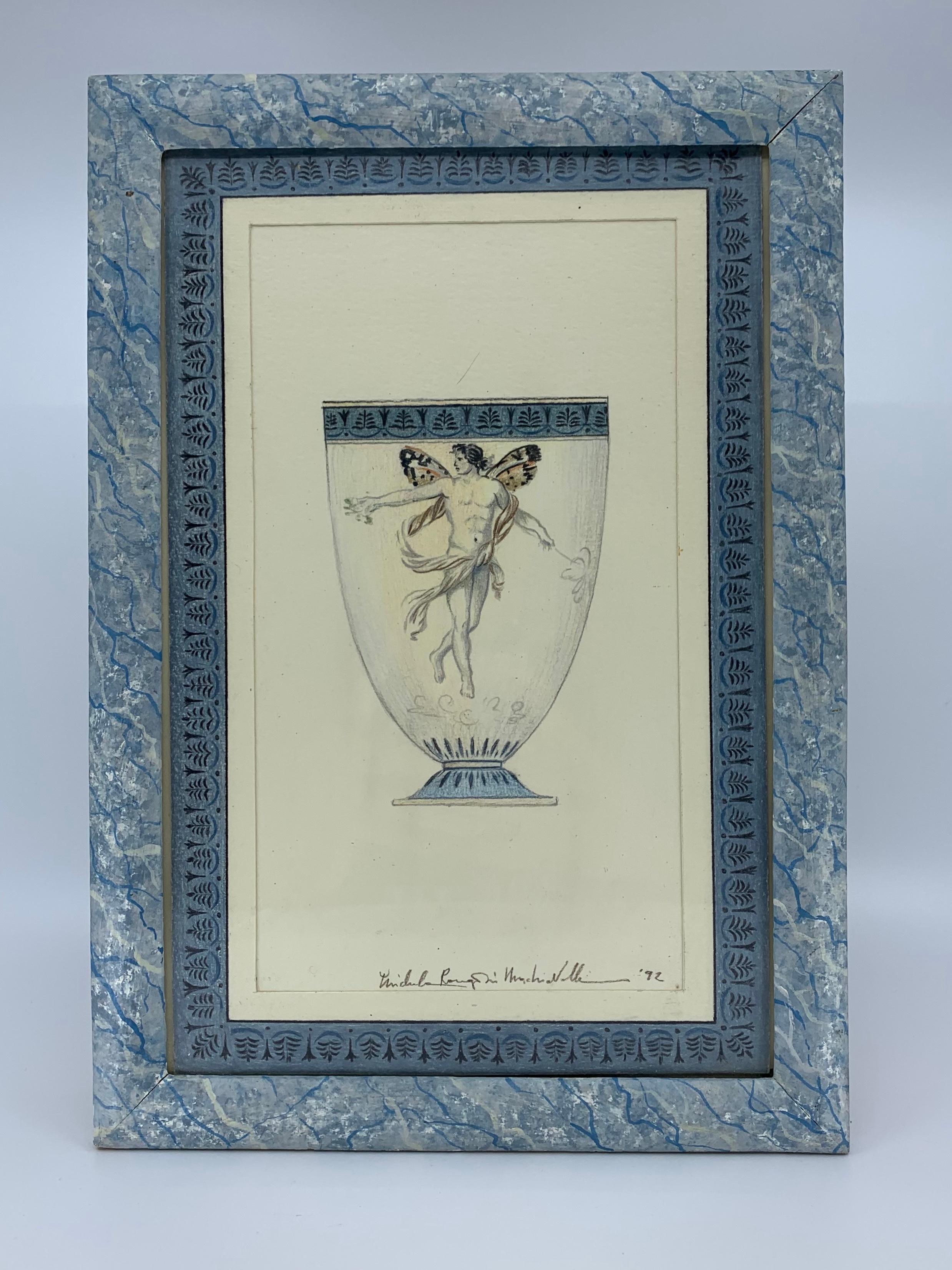 Blue and white neoclassical mythological figure drawing. Beautiful contemporary ensemble piece consisting of a hand drawn neoclassical goblet with a male and anthemion bordered rim with a hand drawn anthemion border and hand colored faux marble