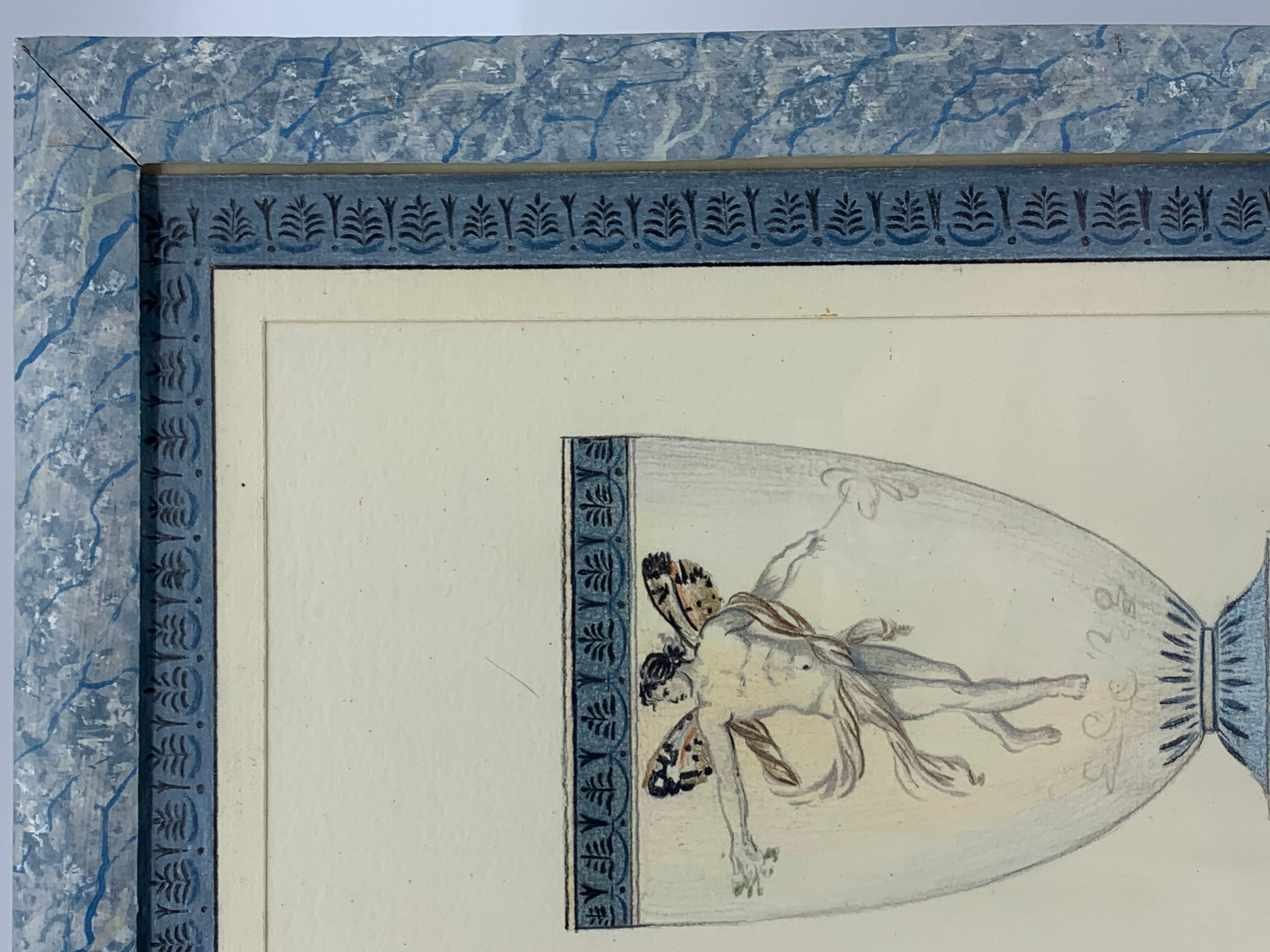 Peint à la main Dessin de figure mythologique néoclassique bleue et blanche en vente