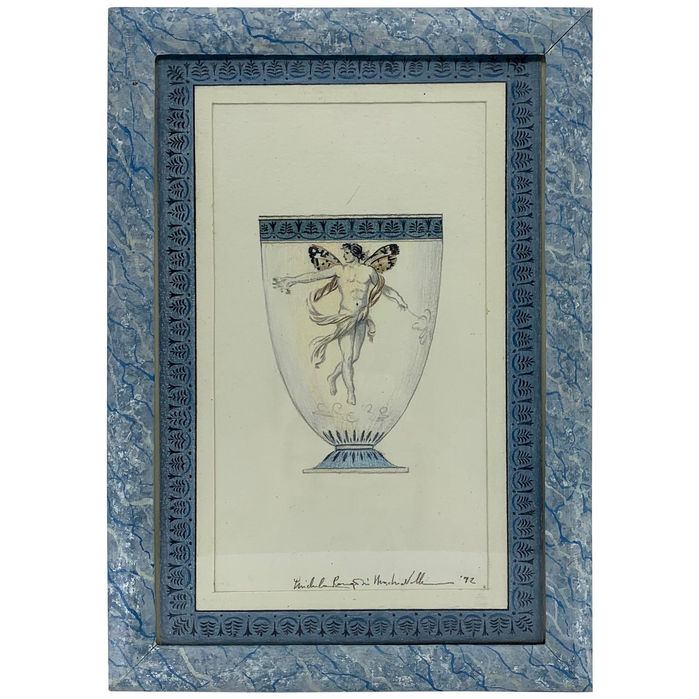 Blue and White Neoclassical Mythological Figure Drawing
