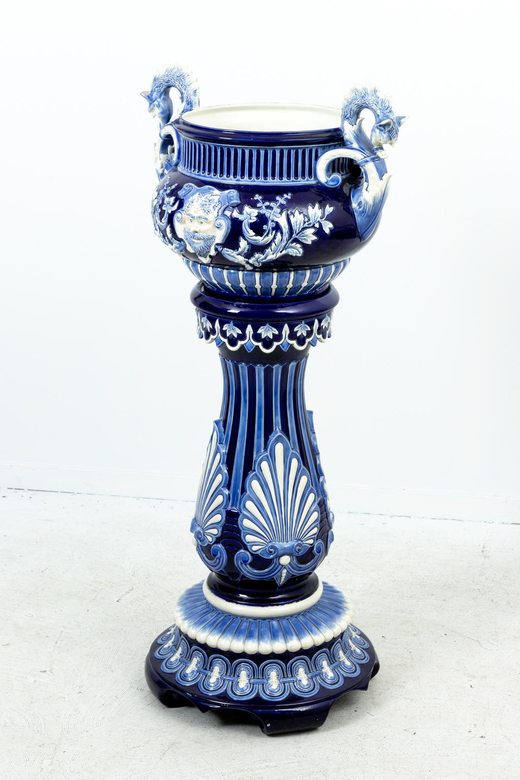 Blue and White Painted Majolica Urn on Stand 5